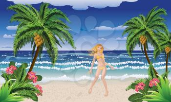 Beach background with beautiful blonde girl in yellow bikini.