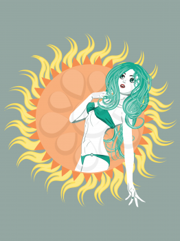 Abstract green bikini girl with long wavy hair and big sun.