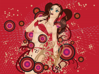 Brunette in a red bikini on abstract floral background with circles.