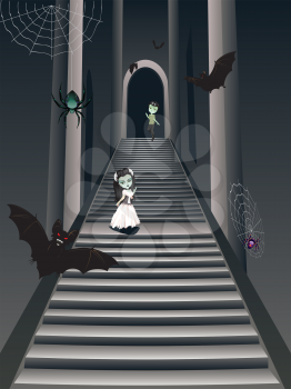Stylish fashion cartoon zombie girl in white dress on old gothic stairs.