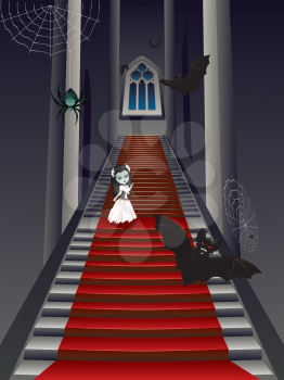Stylish fashion cartoon zombie girl in white dress on old gothic stairs.