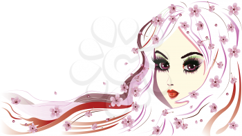 Abstract floral girl with white hair and pink flowers.