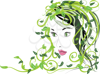 Illustration of spring girl portrait with green floral hair.
