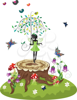 Old tree stump with mushrooms, purple flowers and fairy on green lawn.