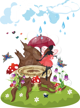 Old tree stump with mushrooms, purple flowers and fairy on green lawn.