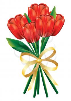 Beautiful bouquet of tulip flowers with bow on white background.