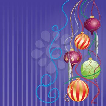 Christmas greeting card with colorful glossy balls and beads.
