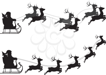 Cartoon Santa Claus silhouette riding a sleigh with stylized deers.
