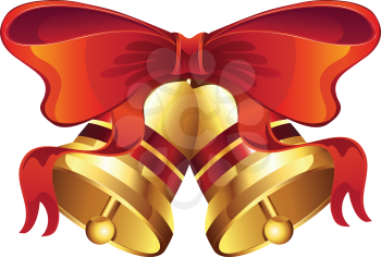 Illustration of shiny golden Christmas bell decorated with red bow.