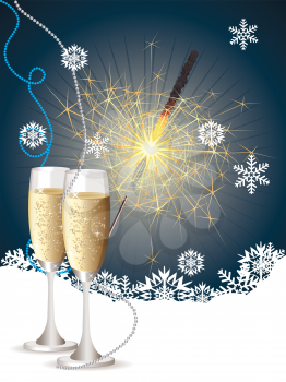 Champagne bottle, two glasses and sparkler on blue background with snowflakes.