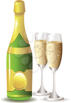 Two glasses of champagne and bottle on white background.