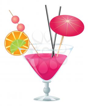 Tropical pink cocktail with small umbrella on white background.