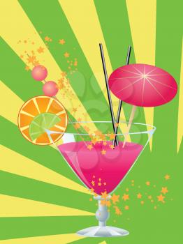 Cocktail of pink color garnished with a small umbrella, straw and orange slice.