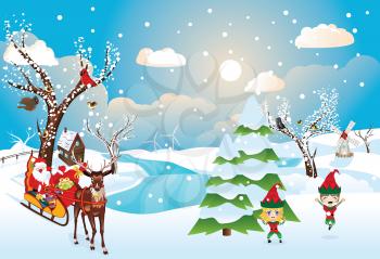 Cartoon Santa Claus rides reindeer sleigh, winter river landscape.