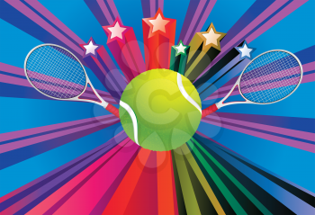 Colorful background with rays and tennis ball with racket over it.