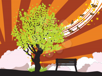 Illustration of summer tree with green leaves and bench on background with rays.
