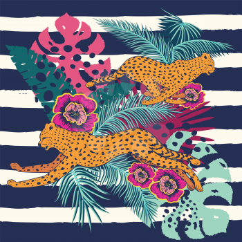Vintage style animalistic design with running cheetah over striped background.