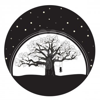 Silhouette of girl on swing and big tree in the night background.