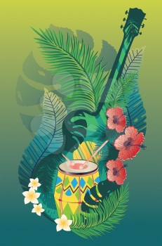 Music design with retro acoustic guitar, drum and tropical leaves and flowers.