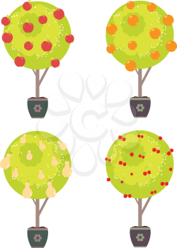 Set of cartoon stylized apple, orange, pear and cherry trees.