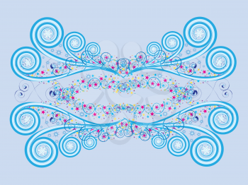 Abstract digital illustration of blue ornament with colorful stars.