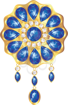Fashion golden brooch design with pearl and sapphire gems.