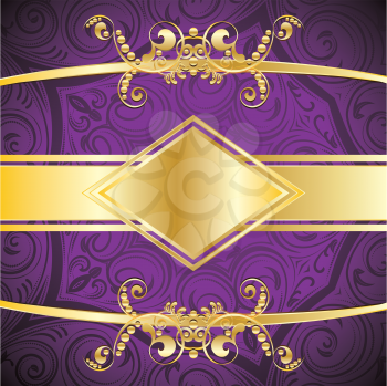 Vintage purple background with decorative gold ribbon and floral ornament.