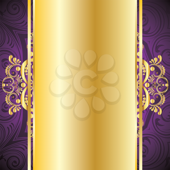 Vintage pruple background with decorative gold ribbon and floral ornament.