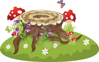 Old tree stump with mushrooms and purple flowers on green lawn.