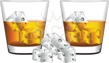 Glass of whiskey with ice cubes illustration.
