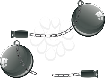 Gray metal chains with ball and shackles on white background. 