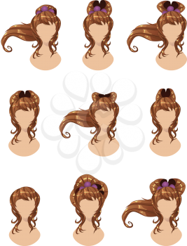 Set of different hairstyles for long brown hair.