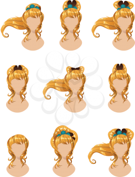 Set of different hairstyles for long yellow hair.