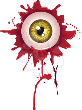 Spooky halloween eyeball with grunge blood splatter.