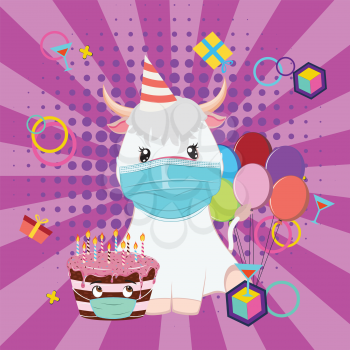 Cute cartoon bull with chocolate cake in face mask illustration.