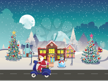 Cartoon Santa Claus rides scooter with gifts on night winter town.