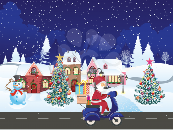 Cartoon Santa Claus rides scooter with gifts on night winter town.