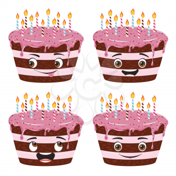 Tasty birthday chocolate cake with pink icing and candles, funny character design.
