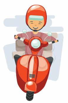Abstract cartoon man riding red scooter, delivery man illustration on white background.