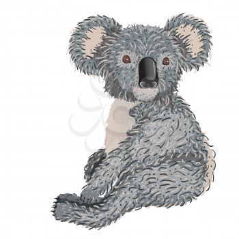 Cute cartoon grey koala bear design on white background.