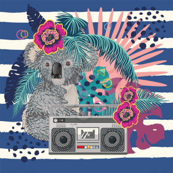 Retro music poster with grey koala bear, boombox and tropical leaves design.