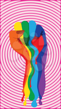 Raised clenched fist in rainbow colors, fight for lgbt rights concept, retro design background.