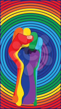Raised clenched fist in rainbow colors, fight for lgbt rights concept, retro design background.