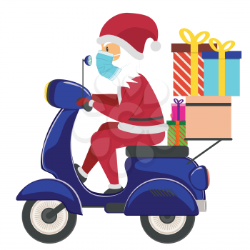 Cartoon Santa Claus in face mask riding scooter with gift boxes.