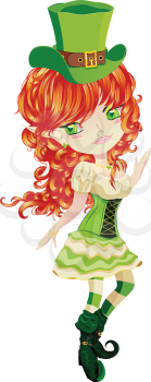 Cute cartoon smiling leprechaun girl with red curly hair.