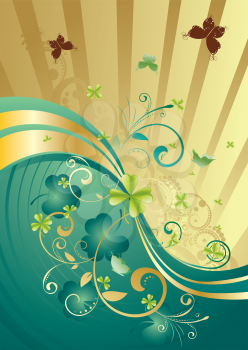 Decorative gold and green design with shamrock for St Patricks Day, holiday background.