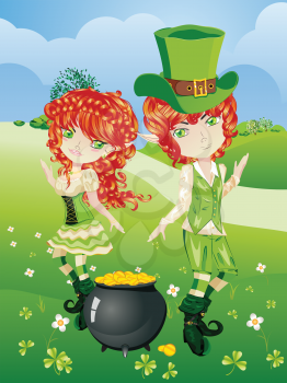 Cartoon leprechaun boy and girl with treasure pot on a grass field.