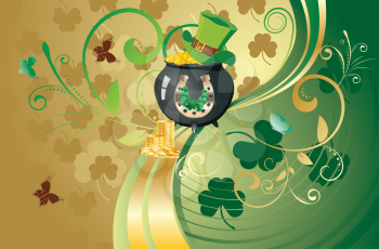 Decorative gold and green design for St Patricks Day, holiday background.