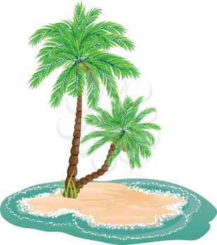 Tropical island with palm trees illustration and sea waves.