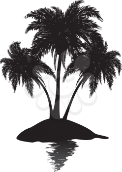 Silhouette of a tropic island with plam trees on white background.